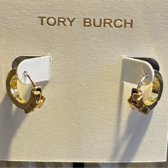 Tory Burch small serif T black enamel huggie hoops - Picture 2 of 10